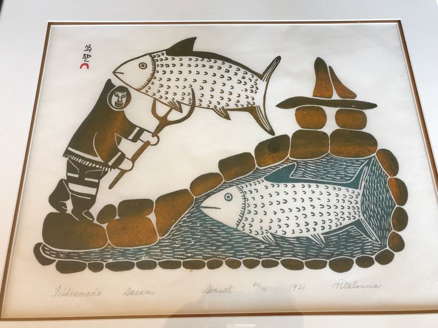 Vintage 1971 Pencil Signed Limited Edition Print Of Inuit Artist Pitaloosie Saila Titled 'Fisherman's Dream' Dorset 40 Of 50 Framed With (2) Canadian Stamps Of Same Artwork 26' X 22.5' [Photo 8]
