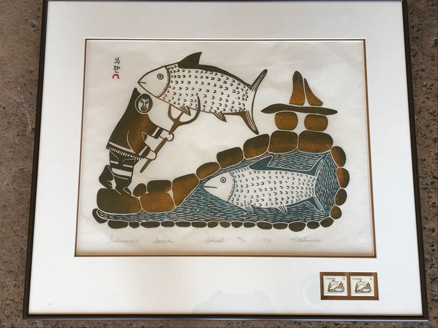 Vintage 1971 Pencil Signed Limited Edition Print Of Inuit Artist Pitaloosie Saila Titled 'Fisherman's Dream' Dorset 40 Of 50 Framed With (2) Canadian Stamps Of Same Artwork 26' X 22.5' [Photo 2]