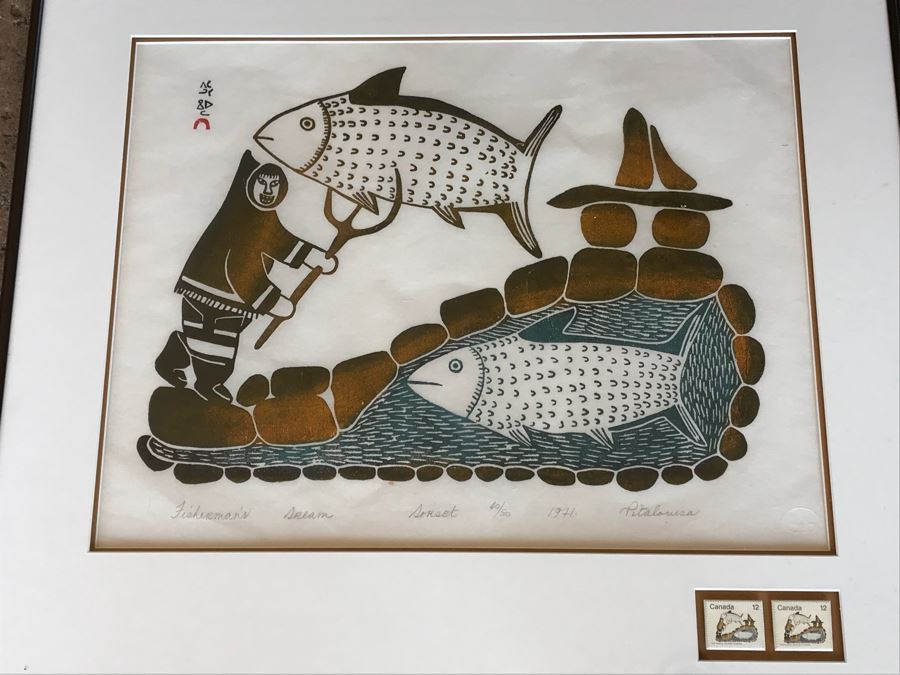 Vintage 1971 Pencil Signed Limited Edition Print Of Inuit Artist Pitaloosie Saila Titled 'Fisherman's Dream' Dorset 40 Of 50 Framed With (2) Canadian Stamps Of Same Artwork 26' X 22.5' [Photo 1]