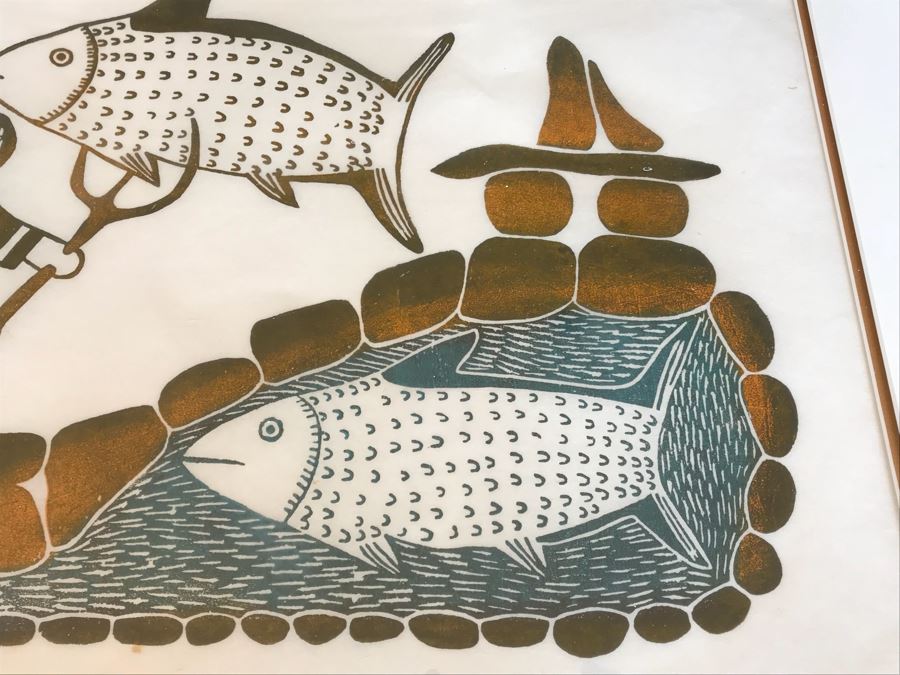 Vintage 1971 Pencil Signed Limited Edition Print Of Inuit Artist Pitaloosie Saila Titled 'Fisherman's Dream' Dorset 40 Of 50 Framed With (2) Canadian Stamps Of Same Artwork 26' X 22.5' [Photo 11]