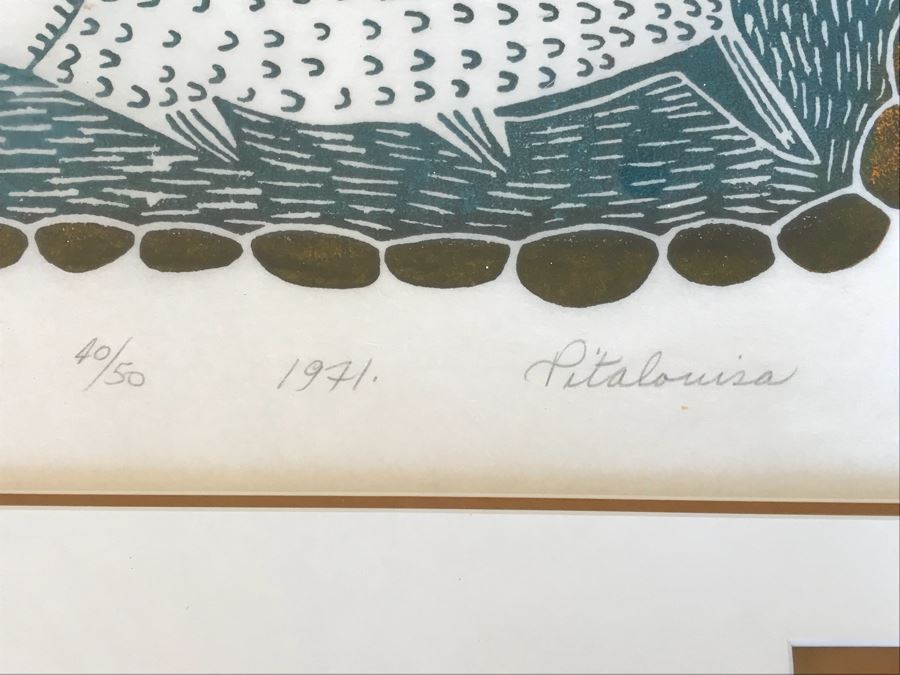 Vintage 1971 Pencil Signed Limited Edition Print Of Inuit Artist Pitaloosie Saila Titled 'Fisherman's Dream' Dorset 40 Of 50 Framed With (2) Canadian Stamps Of Same Artwork 26' X 22.5' [Photo 4]