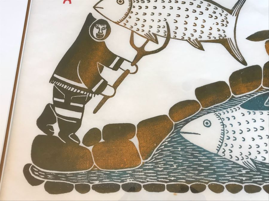 Vintage 1971 Pencil Signed Limited Edition Print Of Inuit Artist Pitaloosie Saila Titled 'Fisherman's Dream' Dorset 40 Of 50 Framed With (2) Canadian Stamps Of Same Artwork 26' X 22.5' [Photo 10]