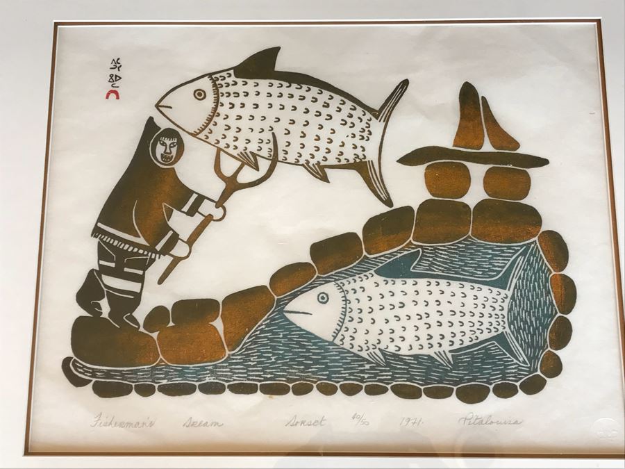 Vintage 1971 Pencil Signed Limited Edition Print Of Inuit Artist Pitaloosie Saila Titled 'Fisherman's Dream' Dorset 40 Of 50 Framed With (2) Canadian Stamps Of Same Artwork 26' X 22.5' [Photo 3]