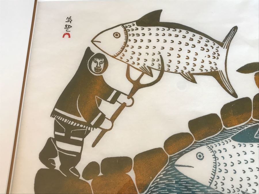 Vintage 1971 Pencil Signed Limited Edition Print Of Inuit Artist Pitaloosie Saila Titled 'Fisherman's Dream' Dorset 40 Of 50 Framed With (2) Canadian Stamps Of Same Artwork 26' X 22.5' [Photo 9]