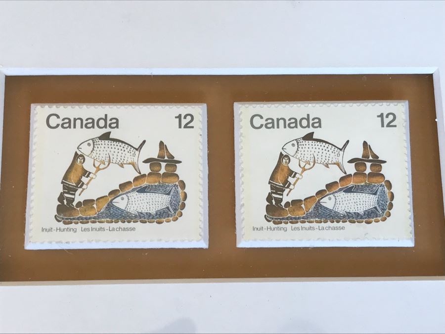 Vintage 1971 Pencil Signed Limited Edition Print Of Inuit Artist Pitaloosie Saila Titled 'Fisherman's Dream' Dorset 40 Of 50 Framed With (2) Canadian Stamps Of Same Artwork 26' X 22.5' [Photo 12]
