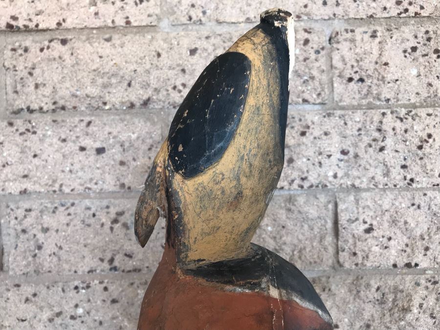 Vintage African Wooden Carved Statue Of Man With Bird On His Head (Note That Bird's Head Has A Chip) 38'H [Photo 13]