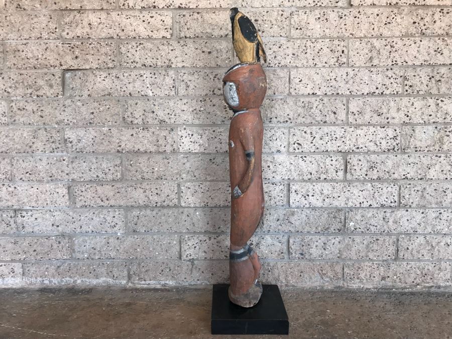 Vintage African Wooden Carved Statue Of Man With Bird On His Head (Note That Bird's Head Has A Chip) 38'H [Photo 3]