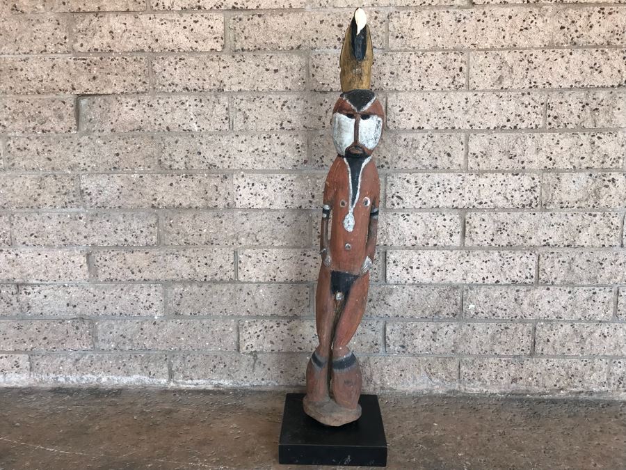 Vintage African Wooden Carved Statue Of Man With Bird On His Head (Note That Bird's Head Has A Chip) 38'H [Photo 5]