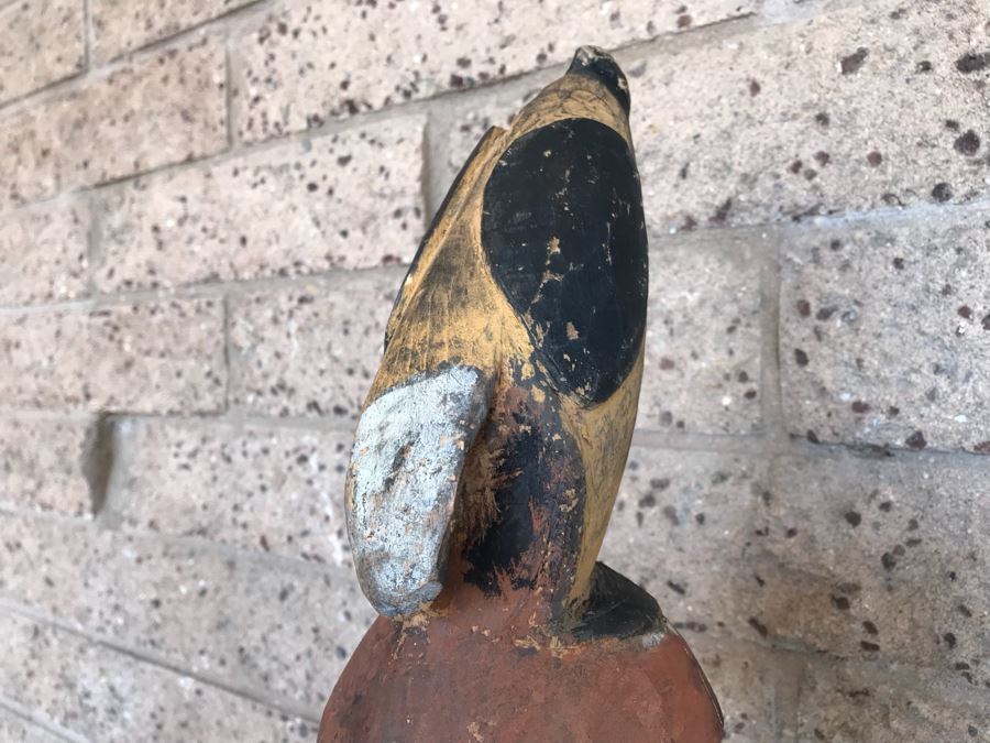 Vintage African Wooden Carved Statue Of Man With Bird On His Head (Note That Bird's Head Has A Chip) 38'H [Photo 16]
