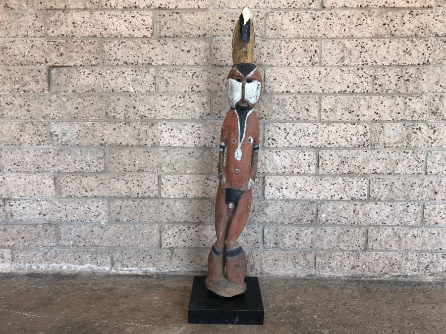 Vintage African Wooden Carved Statue Of Man With Bird On His Head (Note That Bird's Head Has A Chip) 38'H