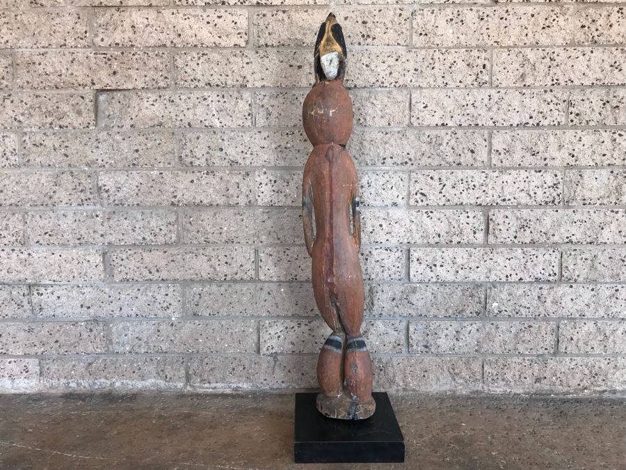 Vintage African Wooden Carved Statue Of Man With Bird On His Head (Note That Bird's Head Has A Chip) 38'H [Photo 14]