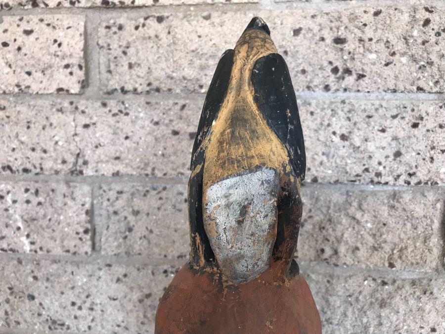 Vintage African Wooden Carved Statue Of Man With Bird On His Head (Note That Bird's Head Has A Chip) 38'H [Photo 15]