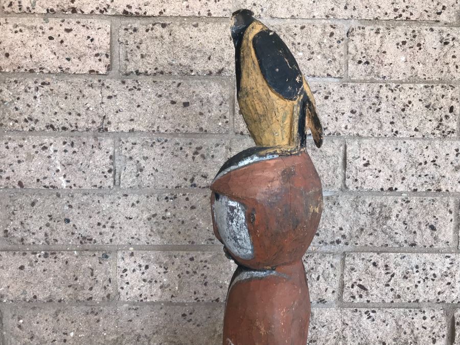 Vintage African Wooden Carved Statue Of Man With Bird On His Head (Note That Bird's Head Has A Chip) 38'H [Photo 4]
