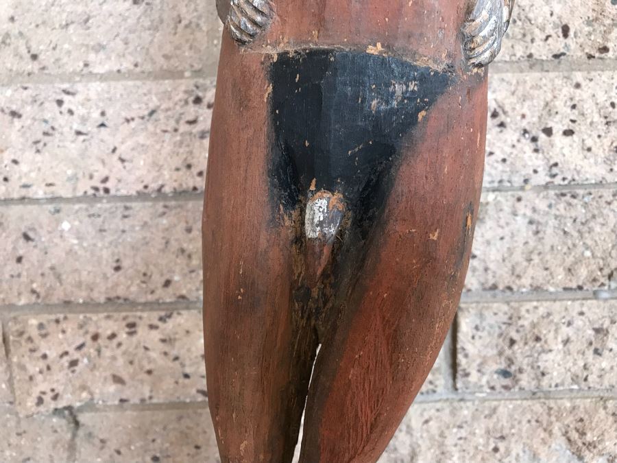 Vintage African Wooden Carved Statue Of Man With Bird On His Head (Note That Bird's Head Has A Chip) 38'H [Photo 10]