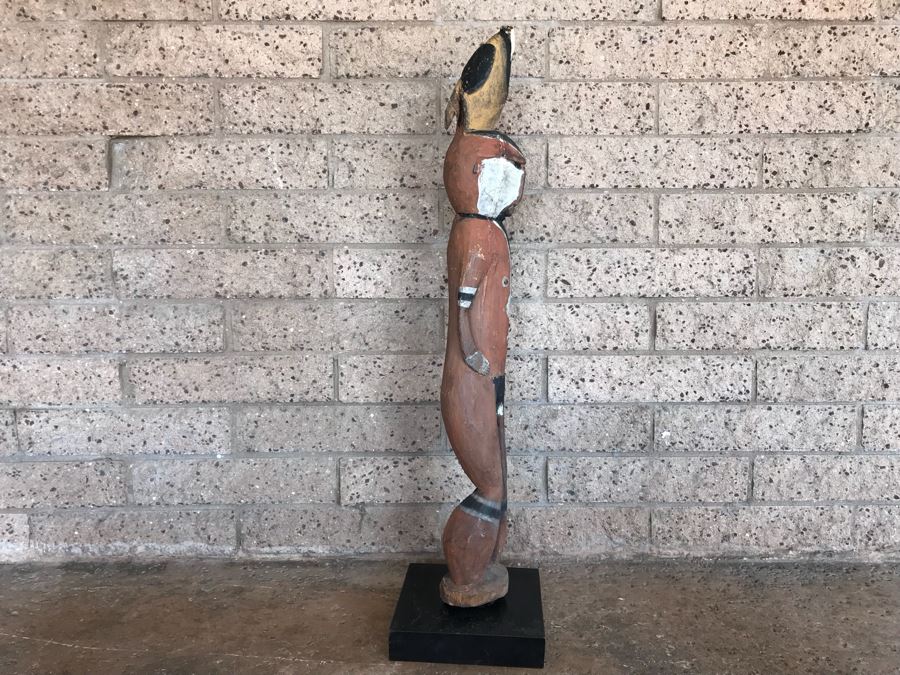 Vintage African Wooden Carved Statue Of Man With Bird On His Head (Note That Bird's Head Has A Chip) 38'H [Photo 2]