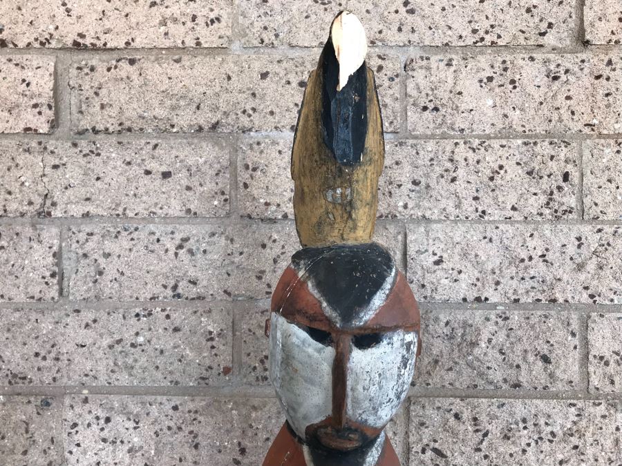 Vintage African Wooden Carved Statue Of Man With Bird On His Head (Note That Bird's Head Has A Chip) 38'H [Photo 7]