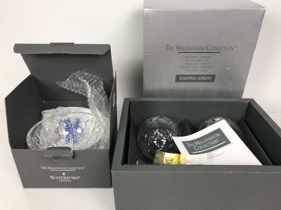 Waterford Crystal One Pair Of Millennium Peace Goblets And Univeral Wishes 7' Crystal Bowl In Boxes [Photo 10]