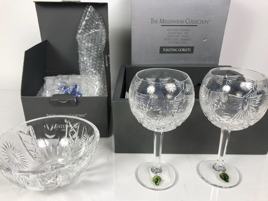 Waterford Crystal One Pair Of Millennium Peace Goblets And Univeral Wishes 7' Crystal Bowl In Boxes