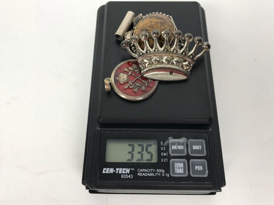 Pair Of Sterling Silver Pendants And Sterling Silver Crown Brooch Pin 33.5g [Photo 12]