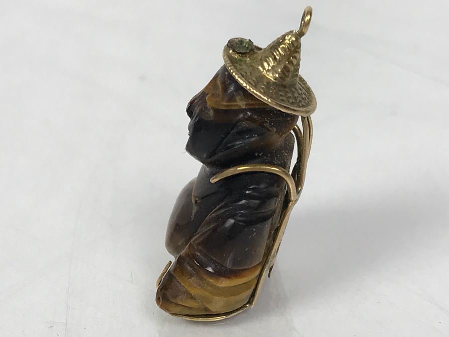 14k Gold Carved Tigers Eye Asian Pendant 8.1g [Photo 6]