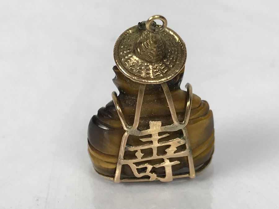 14k Gold Carved Tigers Eye Asian Pendant 8.1g [Photo 5]