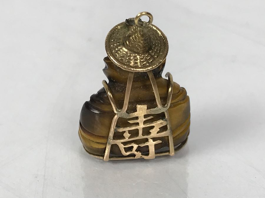 14k Gold Carved Tigers Eye Asian Pendant 8.1g [Photo 4]