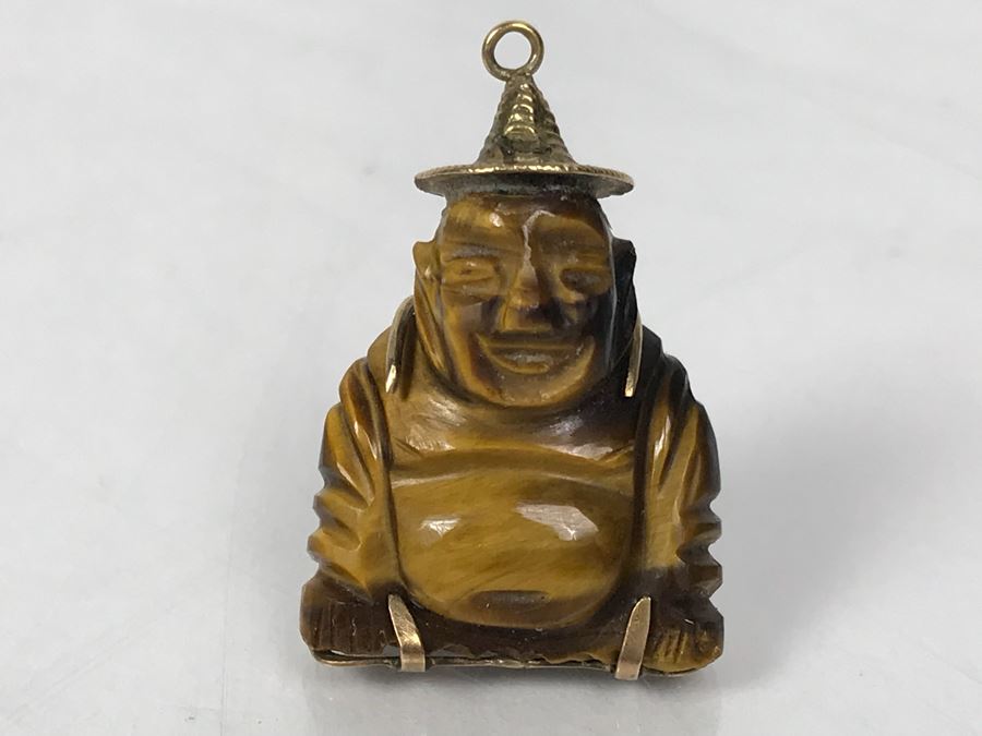 14k Gold Carved Tigers Eye Asian Pendant 8.1g [Photo 2]