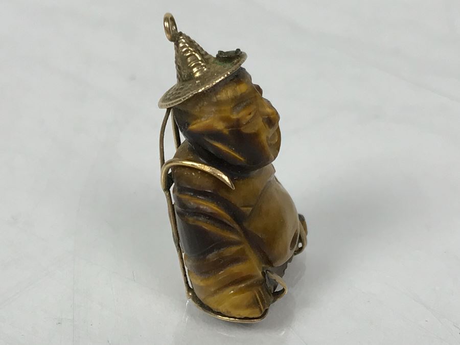 14k Gold Carved Tigers Eye Asian Pendant 8.1g [Photo 3]