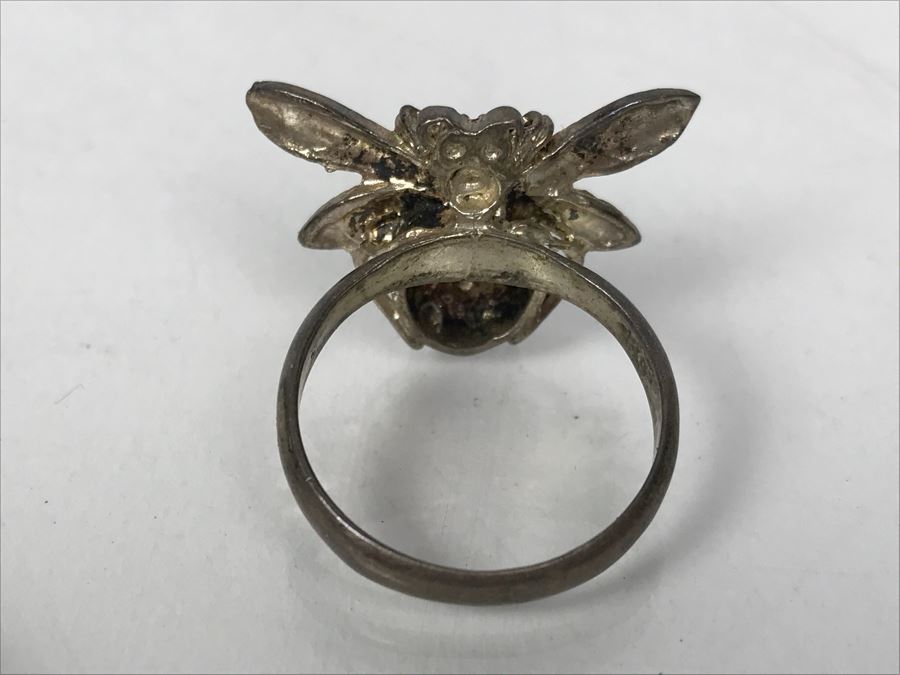 Pair Of Sterling Silver Rings: Men's 15 Years Safe Driver Ring Size 12 1/4 And Ladies Bee Ring Size 8 15.8g [Photo 6]