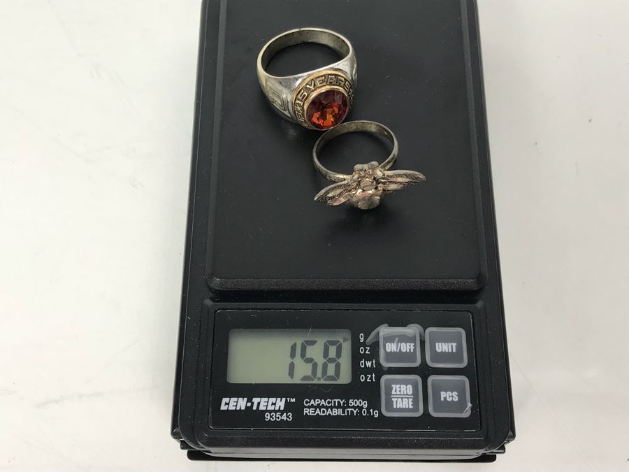 Pair Of Sterling Silver Rings: Men's 15 Years Safe Driver Ring Size 12 1/4 And Ladies Bee Ring Size 8 15.8g [Photo 8]