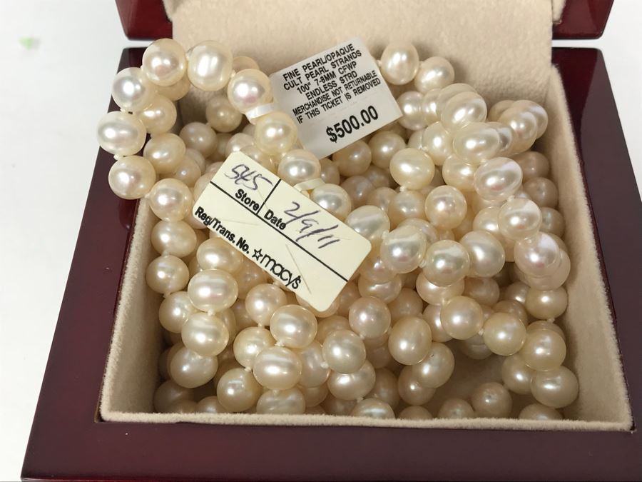 100' 7-8MM Endless Strand Pearl Necklace New With Macy's Tags And Box Retailed $500 [Photo 3]