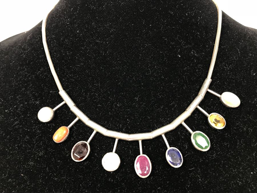 Sterling Silver Multi-Stone Necklace 38.3g