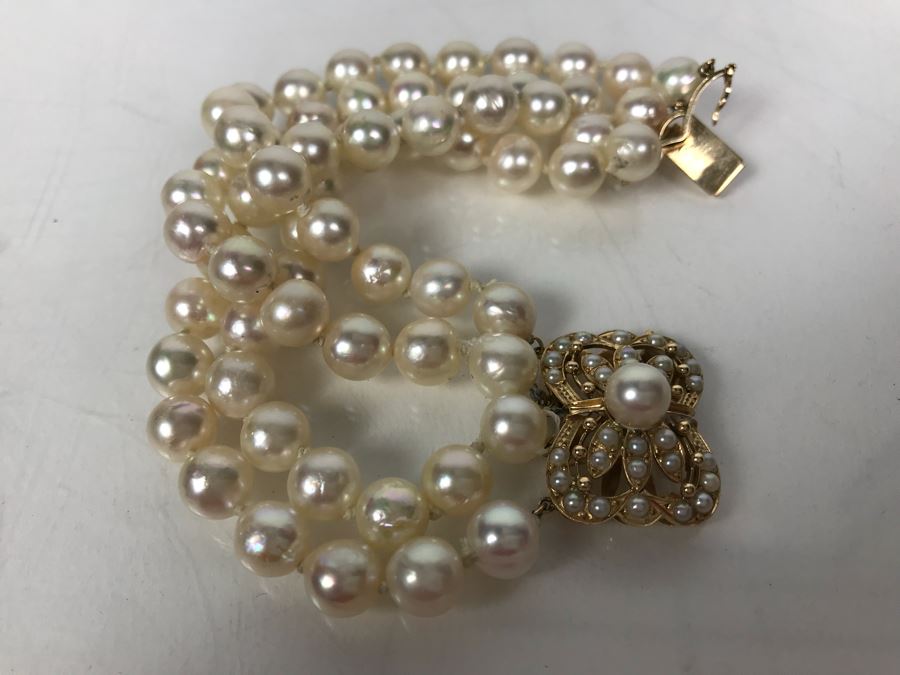 14k Yellow Gold Pearl Stand Bracelet 55.5g [Photo 4]