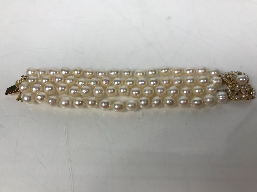 14k Yellow Gold Pearl Stand Bracelet 55.5g [Photo 3]