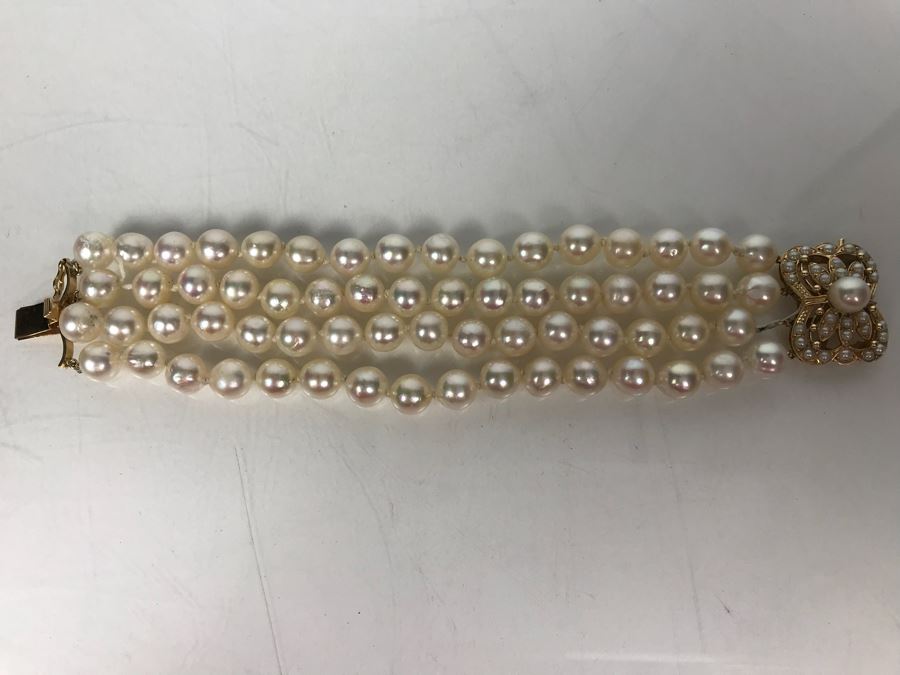 14k Yellow Gold Pearl Stand Bracelet 55.5g [Photo 2]