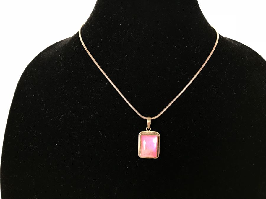 Sterling Silver Necklace With Sterling Silver Pendant And Pink Stone 22.8g [Photo 2]