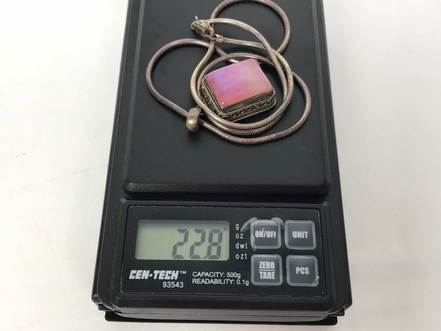 Sterling Silver Necklace With Sterling Silver Pendant And Pink Stone 22.8g [Photo 10]
