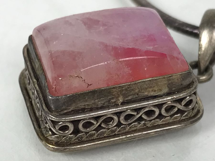 Sterling Silver Necklace With Sterling Silver Pendant And Pink Stone 22.8g [Photo 6]