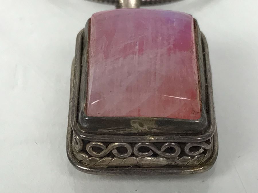 Sterling Silver Necklace With Sterling Silver Pendant And Pink Stone 22.8g [Photo 5]