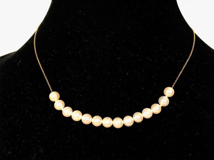 14k Gold Pearl Strand Necklace And Pair Of 14k Gold Earrings 6.3g TW [Photo 2]