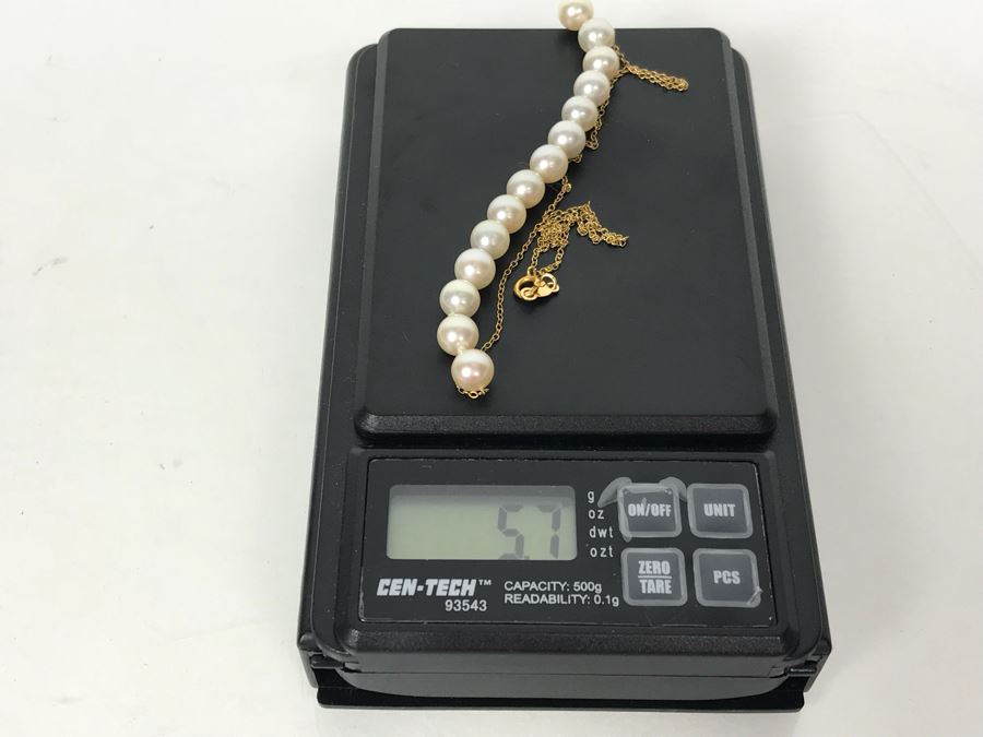 14k Gold Pearl Strand Necklace And Pair Of 14k Gold Earrings 6.3g TW [Photo 7]