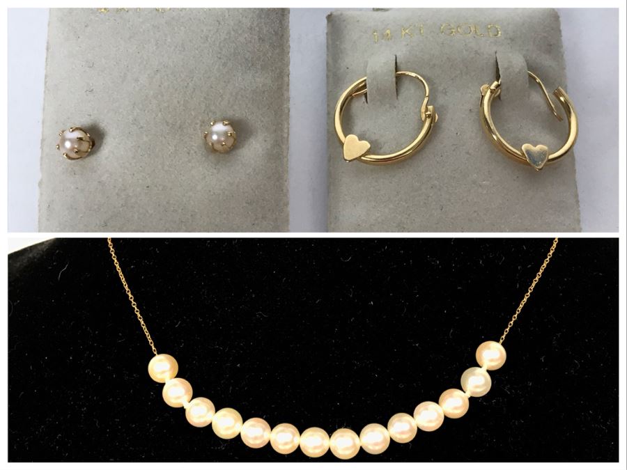14k Gold Pearl Strand Necklace And Pair Of 14k Gold Earrings 6.3g TW [Photo 1]