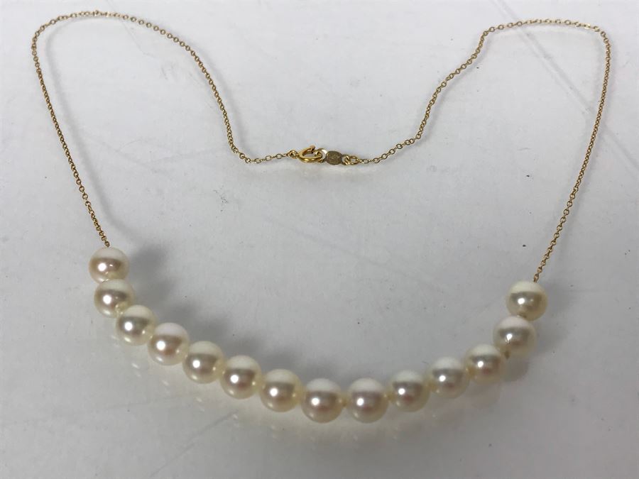 14k Gold Pearl Strand Necklace And Pair Of 14k Gold Earrings 6.3g TW [Photo 6]