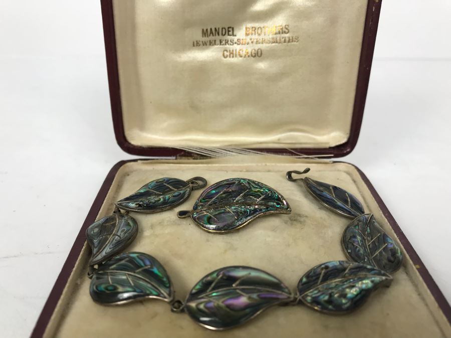 Sterling Silver Inlaid Mother Of Pearl Bracelet (7'L) And Matching Pendant 12.5g [Photo 2]