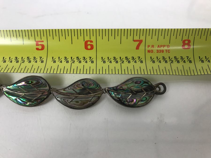 Sterling Silver Inlaid Mother Of Pearl Bracelet (7'L) And Matching Pendant 12.5g [Photo 8]