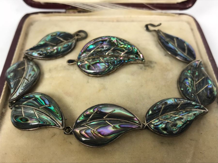 Sterling Silver Inlaid Mother Of Pearl Bracelet (7'L) And Matching Pendant 12.5g [Photo 3]