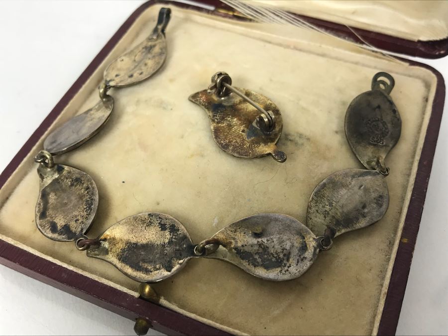 Sterling Silver Inlaid Mother Of Pearl Bracelet (7'L) And Matching Pendant 12.5g [Photo 5]