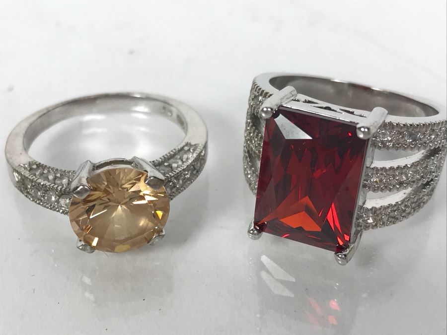 Pair Of Ladies Sterling Silver Rings 13.4g Red Size 8 1/4 - Yellow Size 8 3/4 [Photo 3]