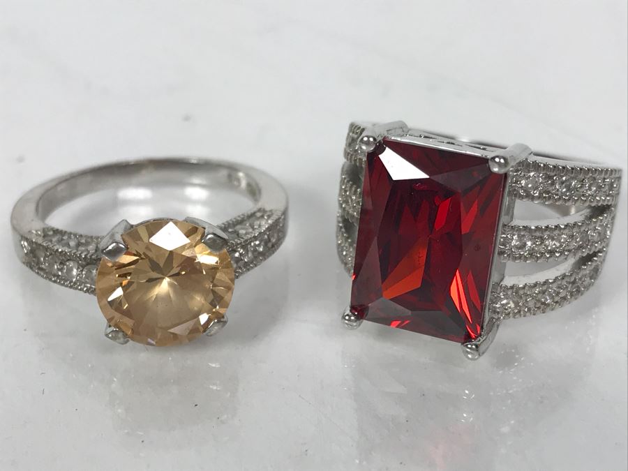 Pair Of Ladies Sterling Silver Rings 13.4g Red Size 8 1/4 - Yellow Size 8 3/4 [Photo 2]