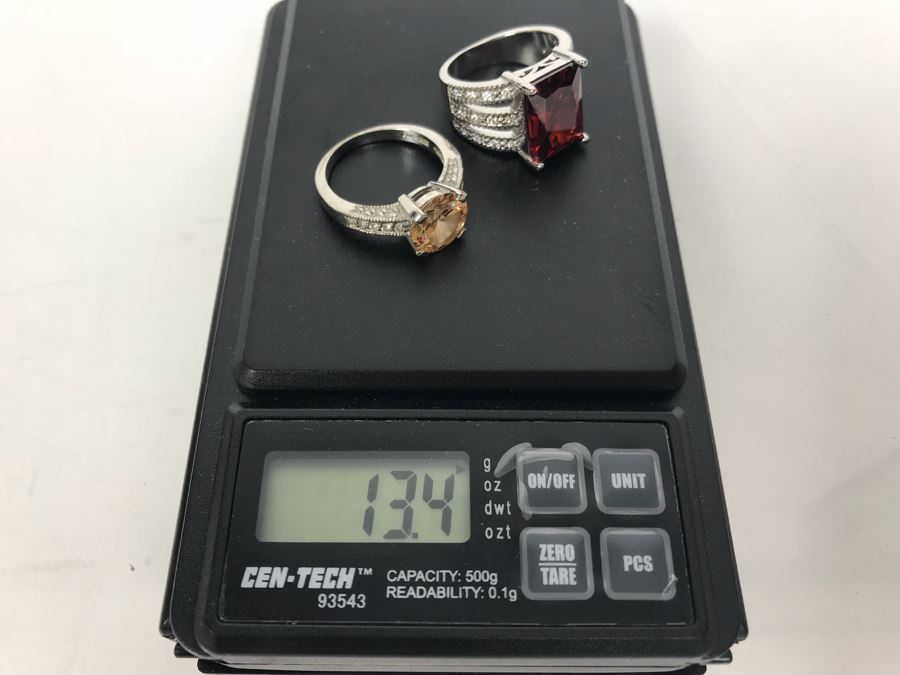 Pair Of Ladies Sterling Silver Rings 13.4g Red Size 8 1/4 - Yellow Size 8 3/4 [Photo 15]
